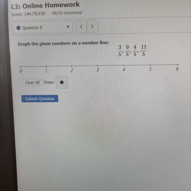 Graph the given numbers on a number line: 3/5, 9/5, 4,5, 11/5-example-1