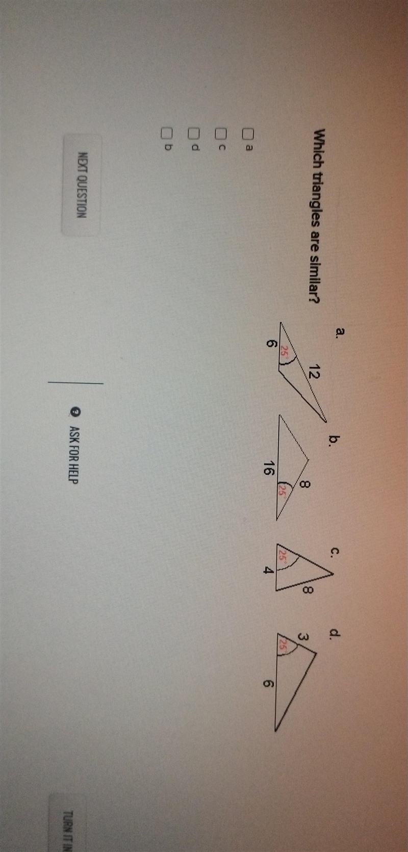 Which triangles are similar?-example-1