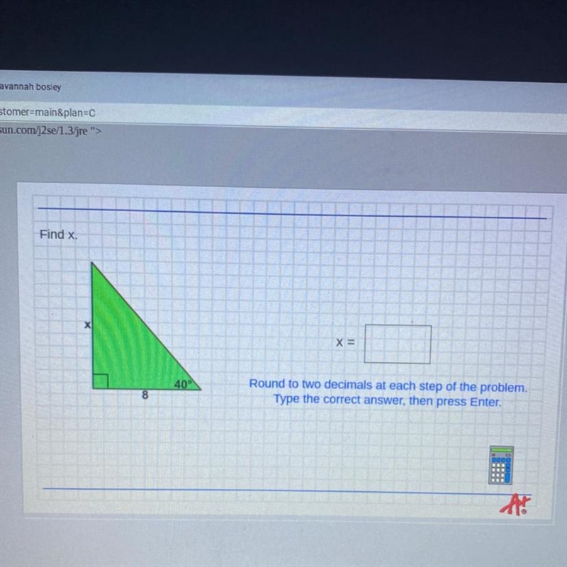 Find x. X= 400 8 Round to two decimals at each step of the problem.-example-1