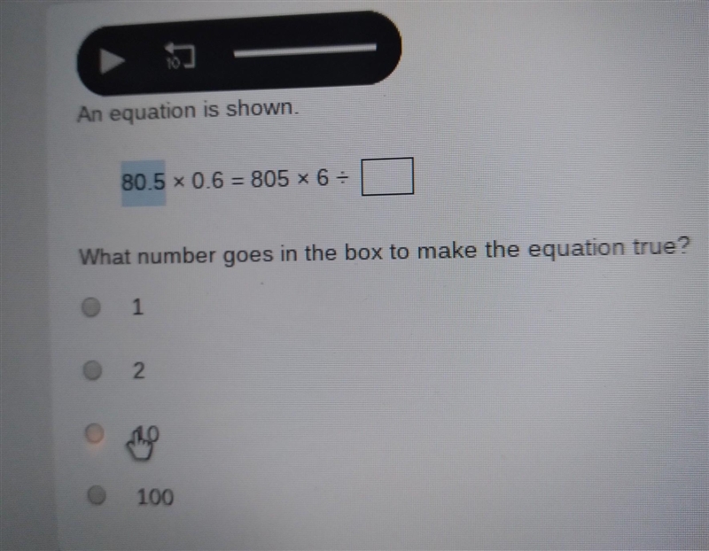 An equation is shown 80.5 x 0.6 = 805 x 6 = What number goes in the box to make the-example-1