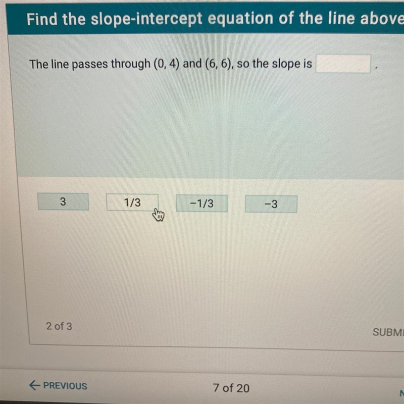 The line passes through (0,4) and (6,6), so the slope is-example-1