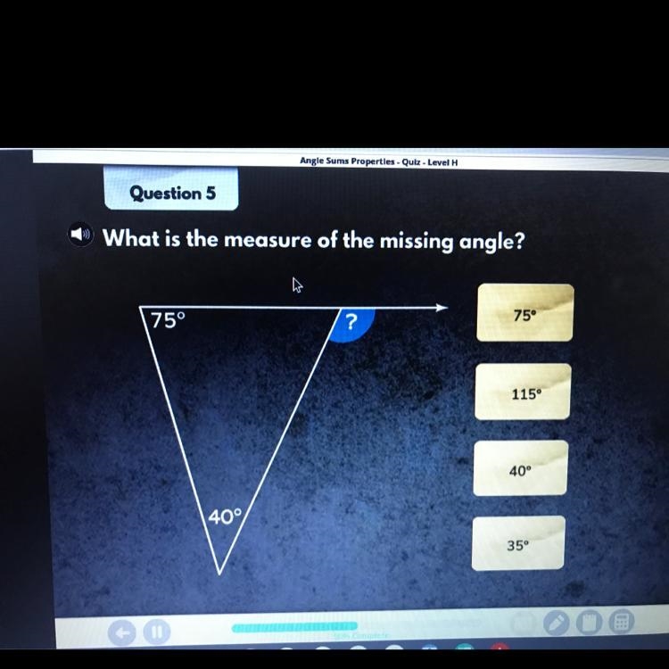 What is the measure of the missing angle?-example-1