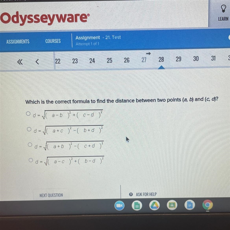 Which is the correct formula to find the distance between two points (a, b) and (c-example-1