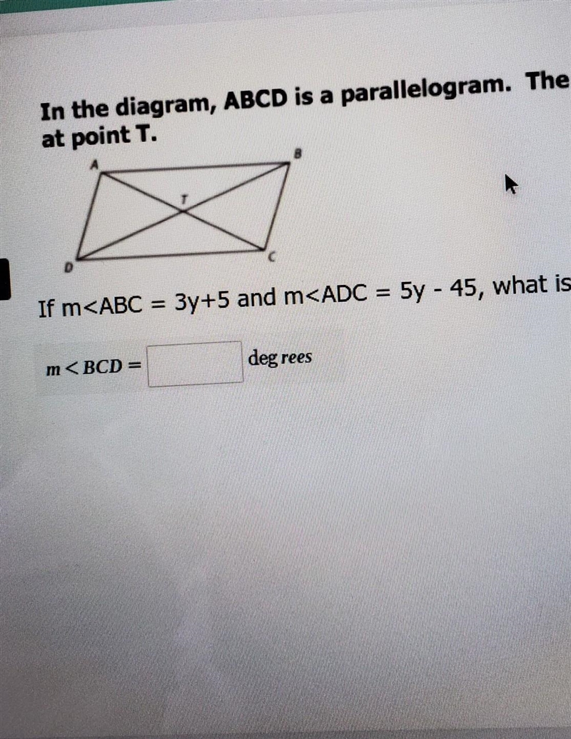 In the diagram, ABCD is a parallelogram. The diagonals of the parallelogram intersect-example-1