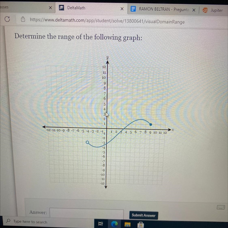 Determine the range of the following graph: y 12 11 10 9 8 7 2 1 -12-11-10-9-8-7-6-5-4-3-2-11 1 2 3 4 5 6 7 8 9 10 11 12 - 2 -3 -4 -8 -9 -10 -11 -12-example-1