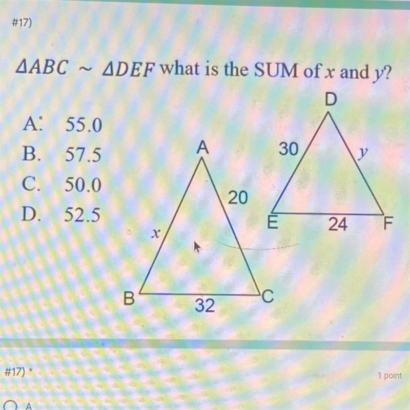 Triangle ABC is congruent to triangle DEF what is the sum of x and y-example-1