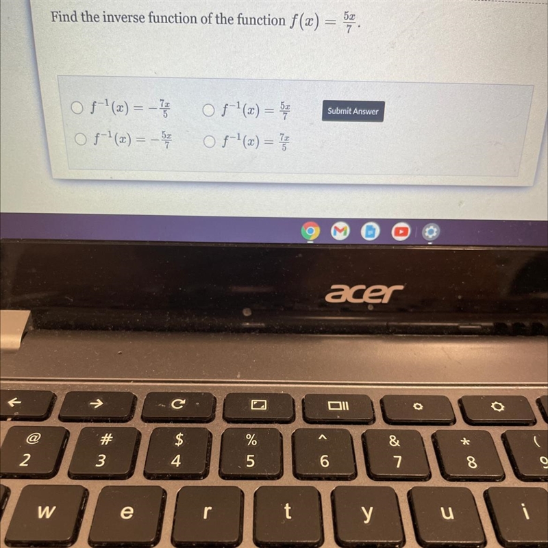 Find the inverse function of the function f(x) = 5x/7 f-(x) = -7x/5 f-'(x) = – 5x-example-1