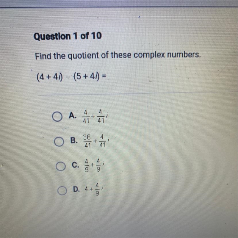 (4 + 4i)/(5+4i) = divide-example-1