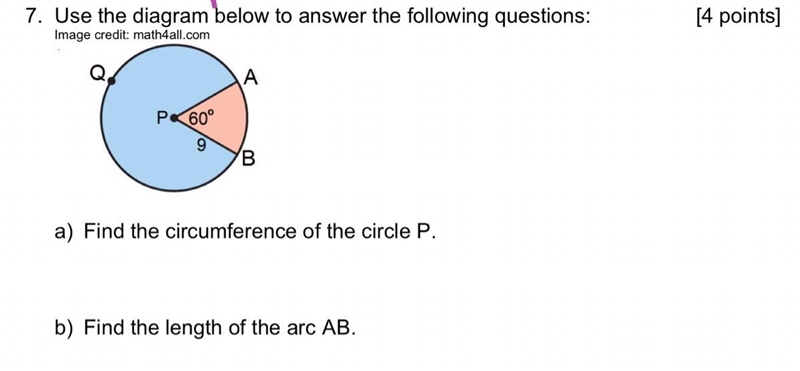 Find the circumference of the circle P. Find the length of arc AB.-example-1