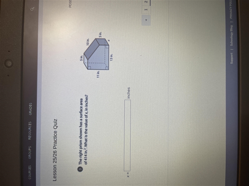 The right prism shown has a surface area of 414 in.² what is the value of X in inches-example-1