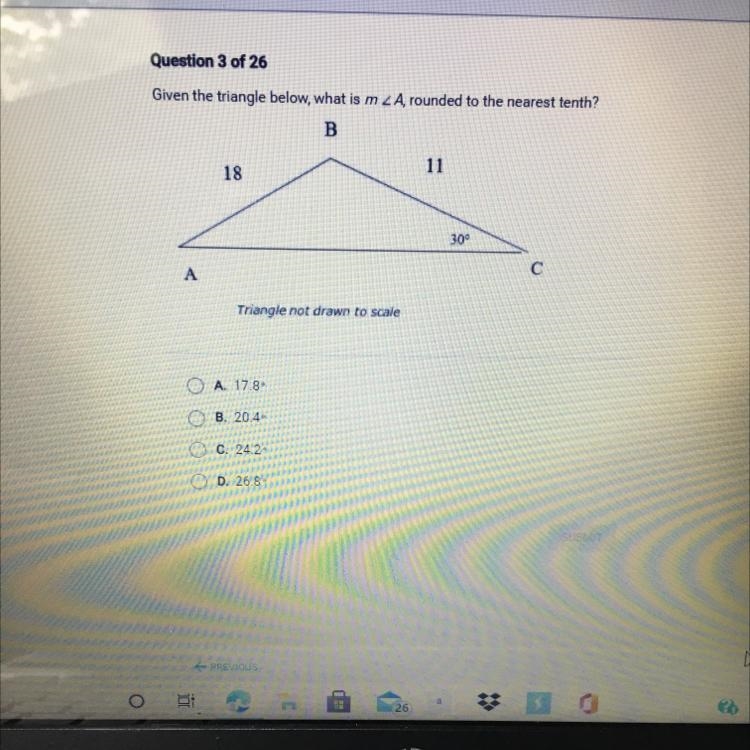 Given the triangle below, what is m 2A, rounded to the nearest tenth? B 18 11 309 A-example-1