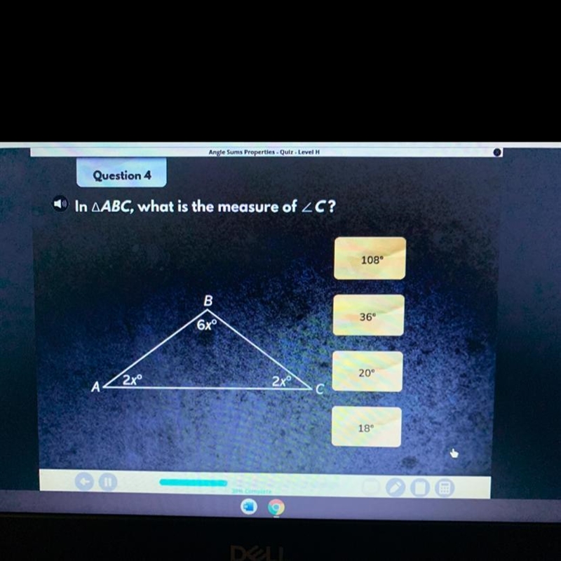 In AABC, what is the measure of 2C? 108° 36° 6xº 20° 2x° 2x 18°-example-1