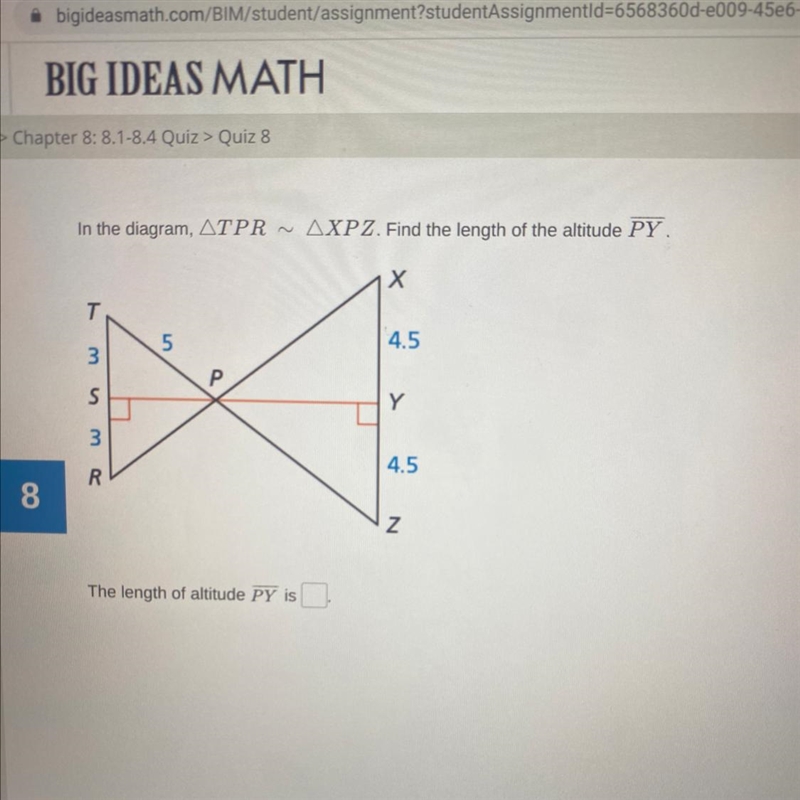 In the diagram, ATPR ~ AXPZ. Find the length of the altitude PY Х 4.5 Р own W 4 Y-example-1