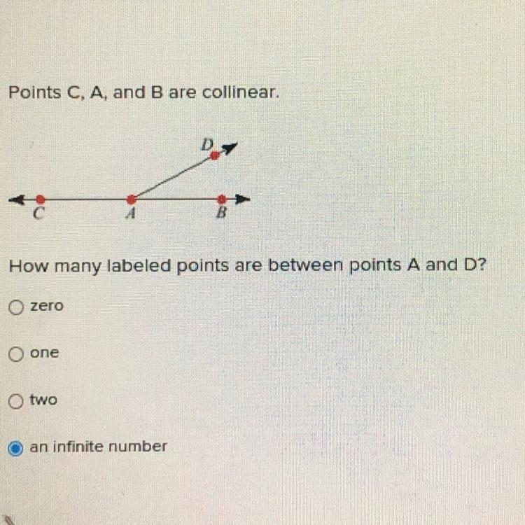 Points C, A, and Bare collinear How many labeled points are between points A and D-example-1