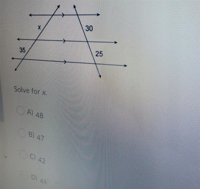 Solve for x. A) 48 B) 47 C) 42 D) 44​-example-1