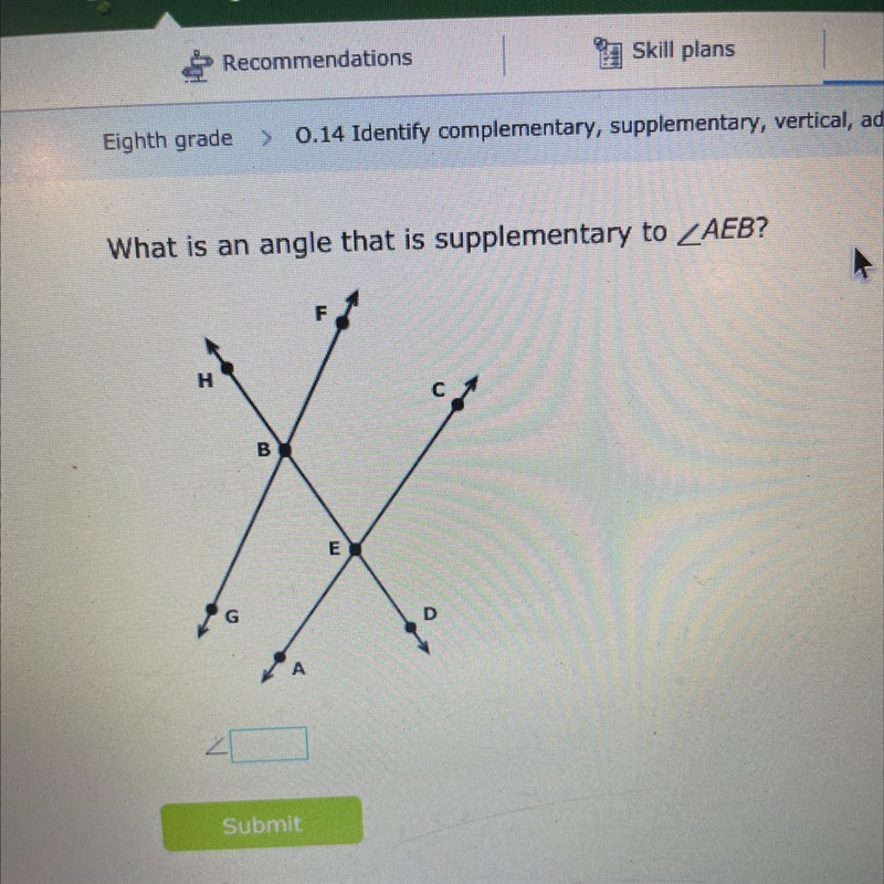 What is an angle that is supplementary to AEB?-example-1