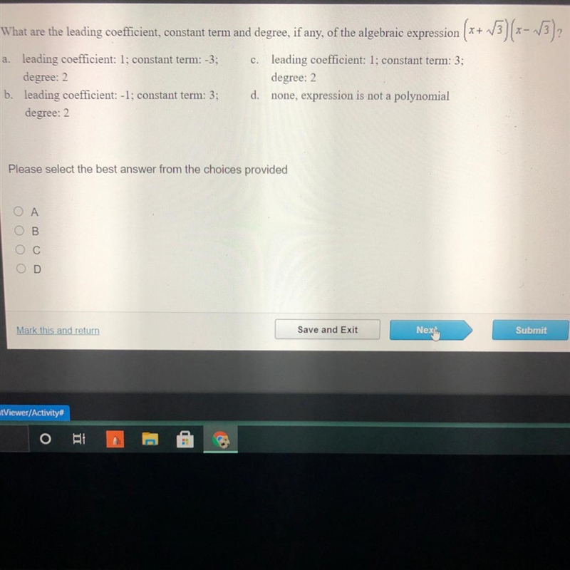 What are the leading coefficient, constant term and degree, if any, of the algebraic-example-1