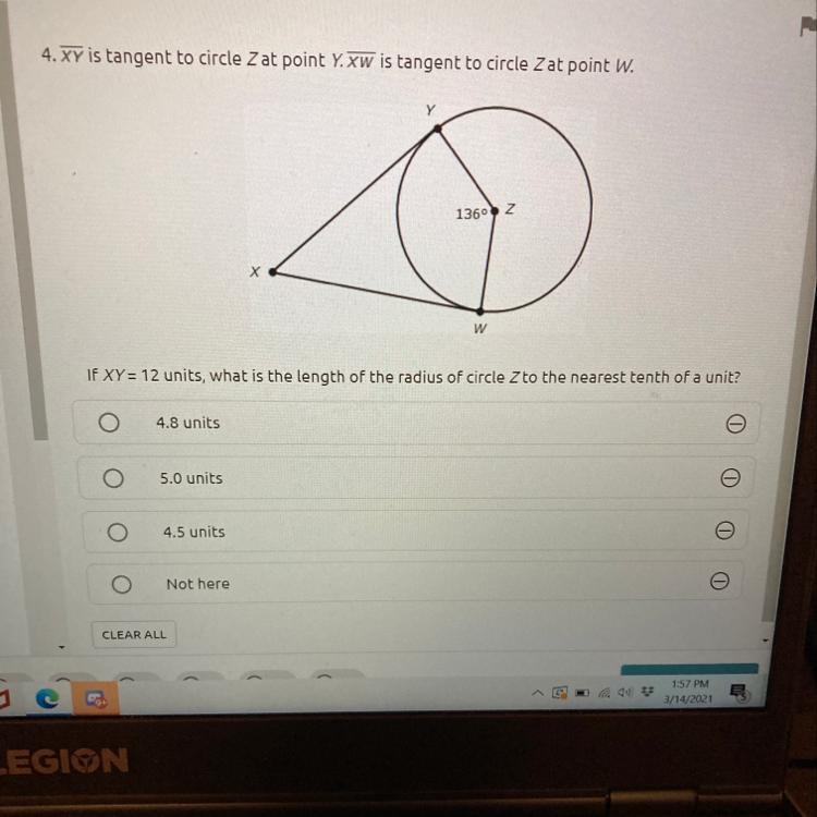 Plz help ASAP 15 points 4. XY is tangent to circle Zat point Y. Xw is tangent to circle-example-1