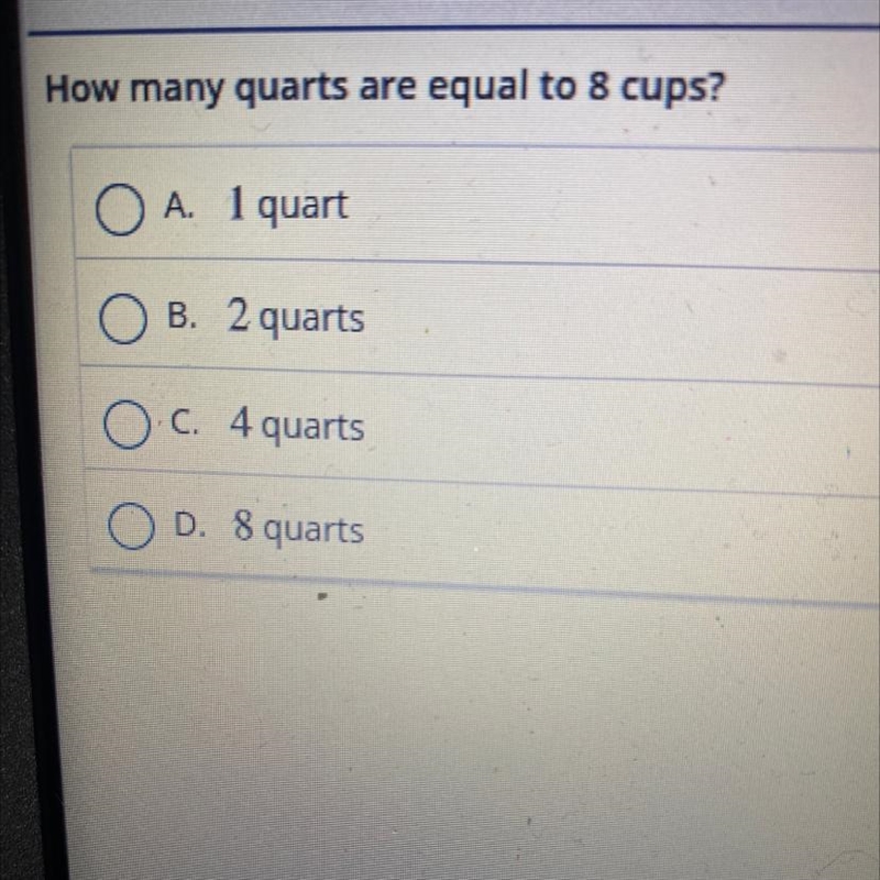 2 cups = 1 pint 2 pints = 1 quart 4 quarts = 1 gallon How many quarts are equal to-example-1