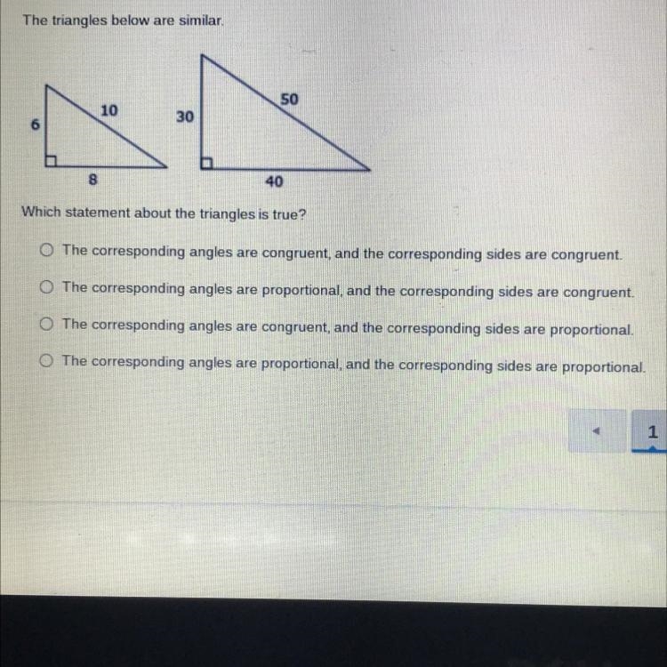 The triangles below are simular. which statement about the triangles is true?-example-1