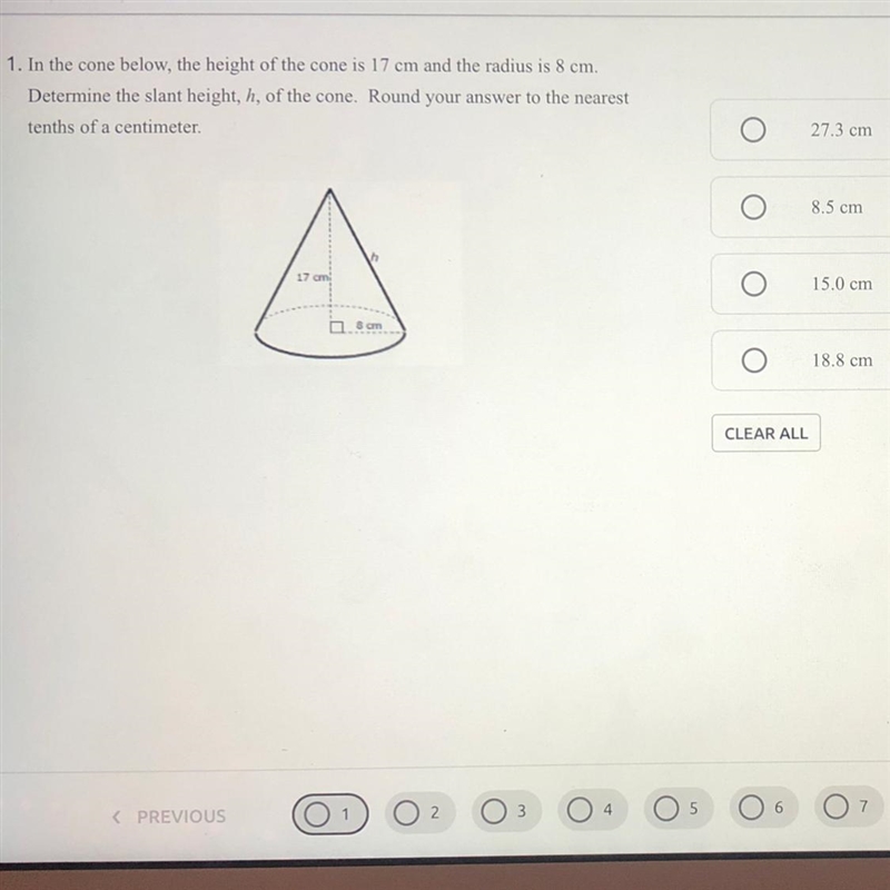 In the cone below, the height of the cone is 17 cm and the radius is 8 cm. Determine-example-1