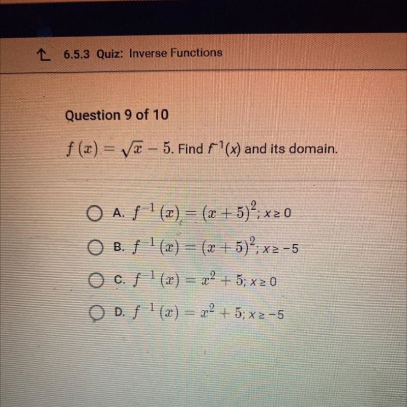 F(x)= square root of x-5. find f-1 (x) and it’s domain-example-1