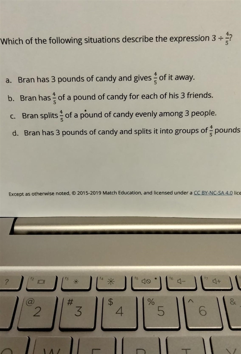 Which of the following situations describe the expression 3 / (4/5)? NO LINKS OR ANSWERING-example-1