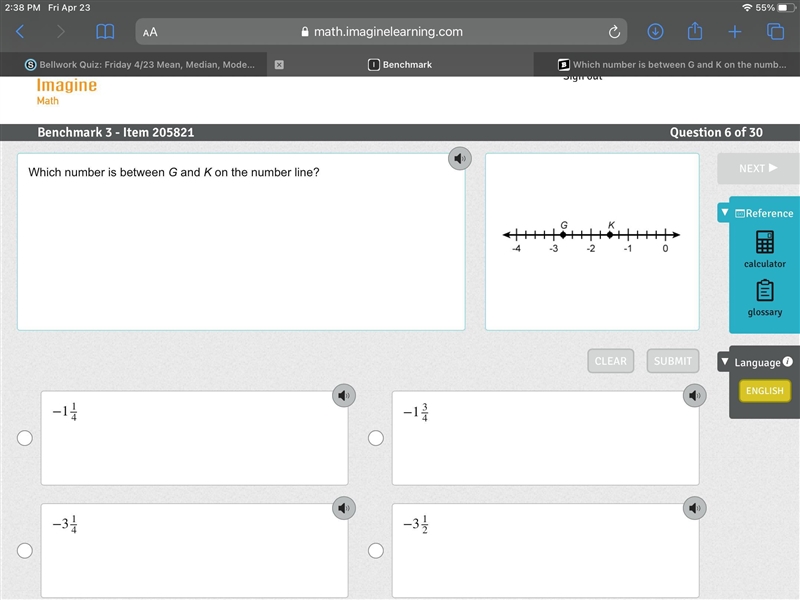 Which number is between G and K on the number line?-example-1