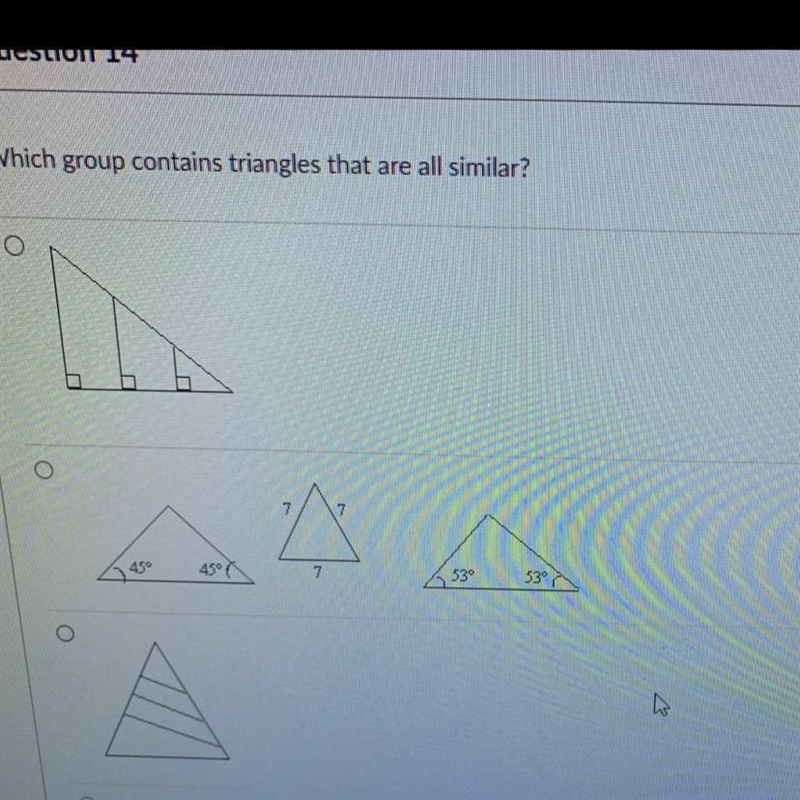 Which group contains triangles that are similar. im having a hard time ​-example-1