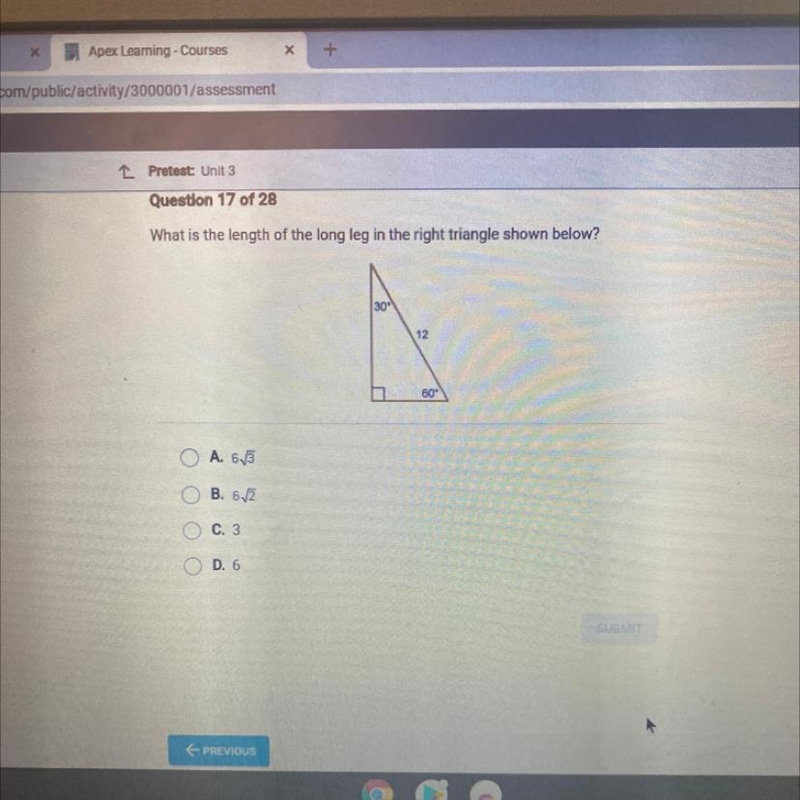 What is the length of the long leg in the right triangle shown below? 30 12 60 O A-example-1