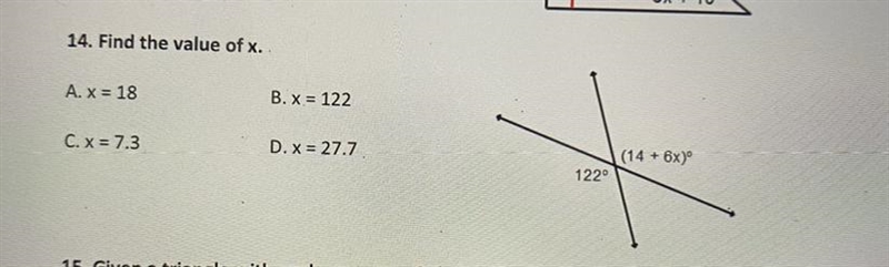14. Find the value of x. A. x = 18 B. x = 122 C. X = 7.3 D. x = 27.7 (14 + 6x)&quot-example-1