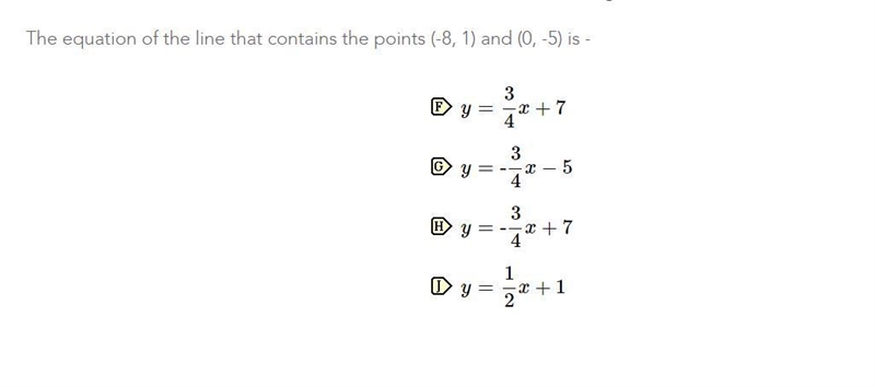 The equation of the line that contains the points (-8, 1) and (0, -5) is-example-1