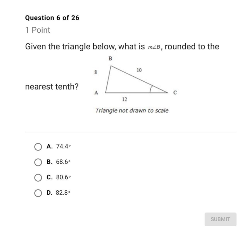 Given the triangle below, what is m angle A, rounded to nearest tenth.-example-1