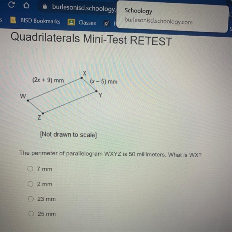 The perimeter of parallelogram WXYZ is 50 millimeters. What is WX?-example-1