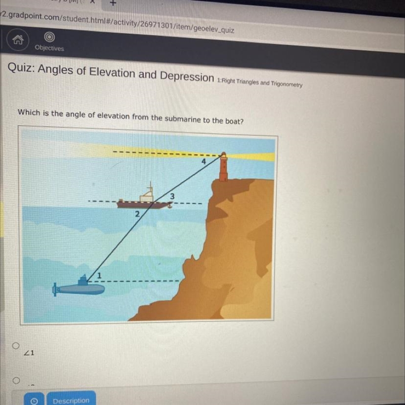 Which is the angle of elevation from the submarine to the boat? <1, <2 ,&lt-example-1