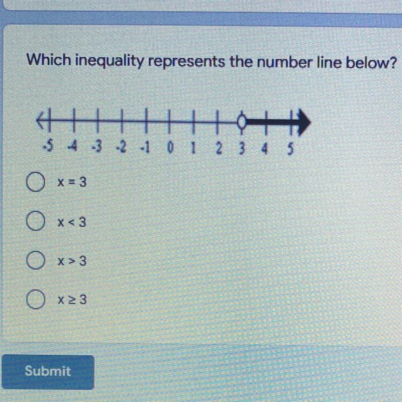 Which inequality represents the number line below? x = 3 x < 3 x > 3 x _&gt-example-1