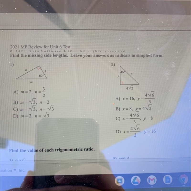 Find the missing side length leave your answers as radicals in simplest form-example-1