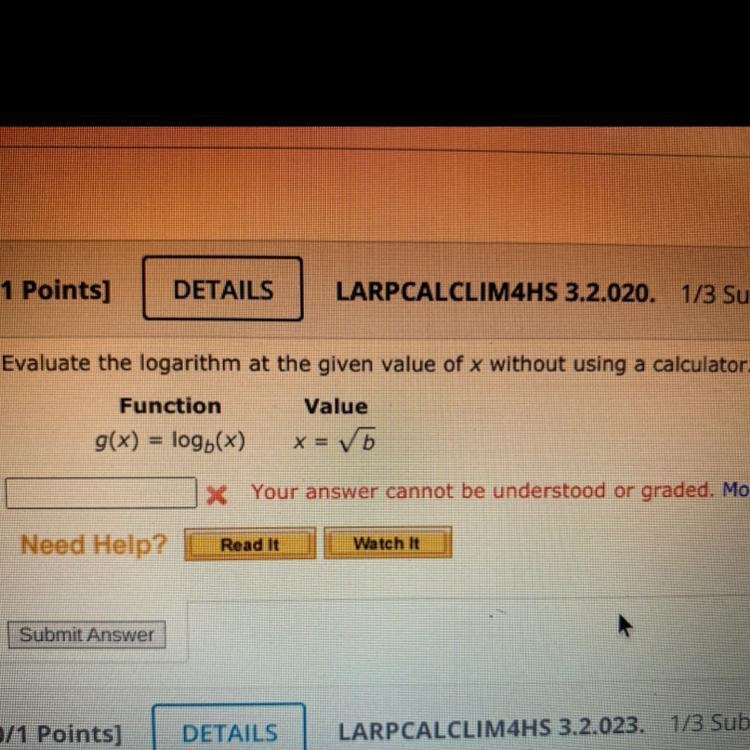 Evaluate the logarithm at the given value of x without using a calculator. Value Function-example-1