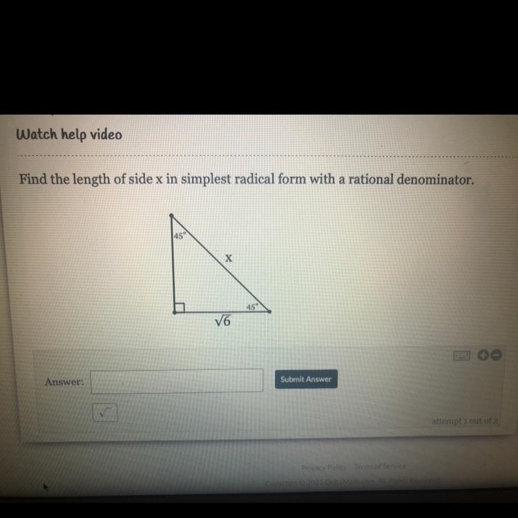 Find the length of side x in simplest radical form with a rational denominator.-example-1