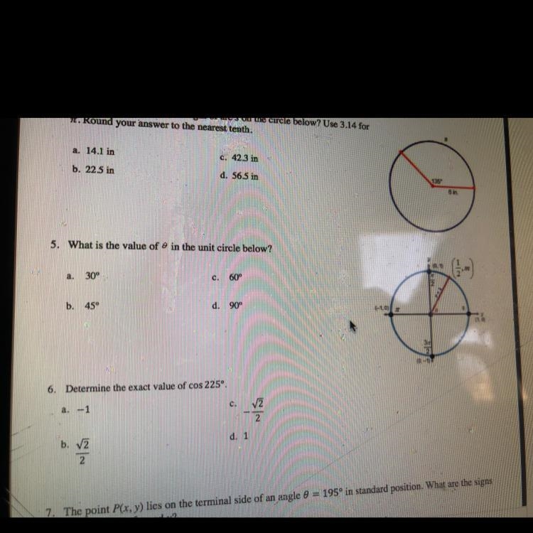 5. What is the value of 8 in the unit circle below? 30° 600 b. 45° d. 90°-example-1