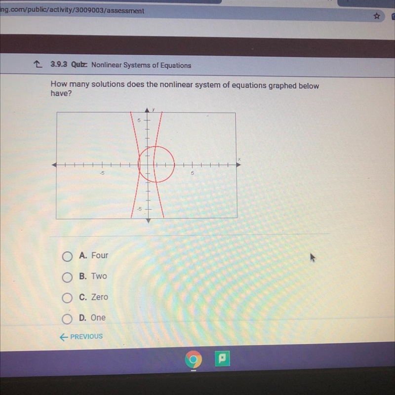 How many solutions does the nonlinear system of equations graphed below have? A. Four-example-1