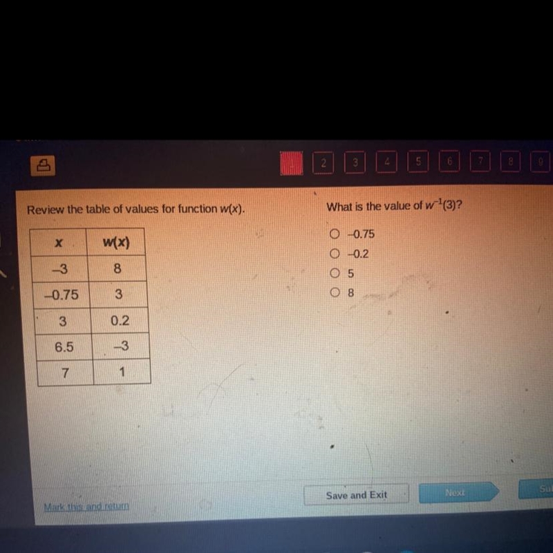 Review the table of values for function w(x). What is the value of w-1(3)? O 0.75 х-example-1