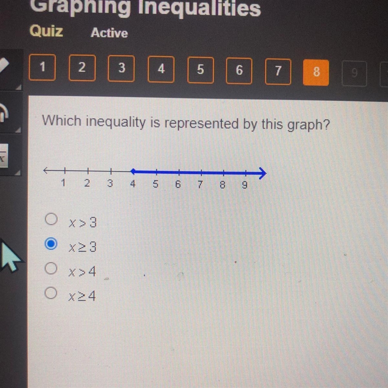 Which inequality is represented by this graph? A. X > 3 B. X ≥ 3 C. X > 4 D-example-1