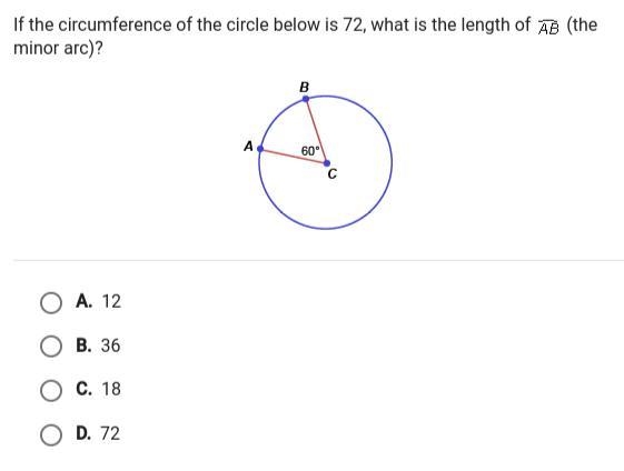 If the circumference of the circle below is 72 what is the length of AB (the minor-example-1