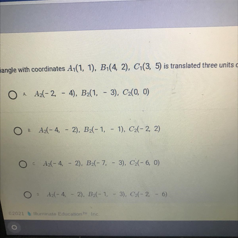 A triangle with coordinates (1, 1), B(4, 2). C1(3, 5) is translated three units down-example-1