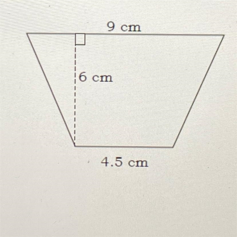 Find the area of the isosceles trapezoid shown below. 9 cm 6 cm 4.5 cm-example-1