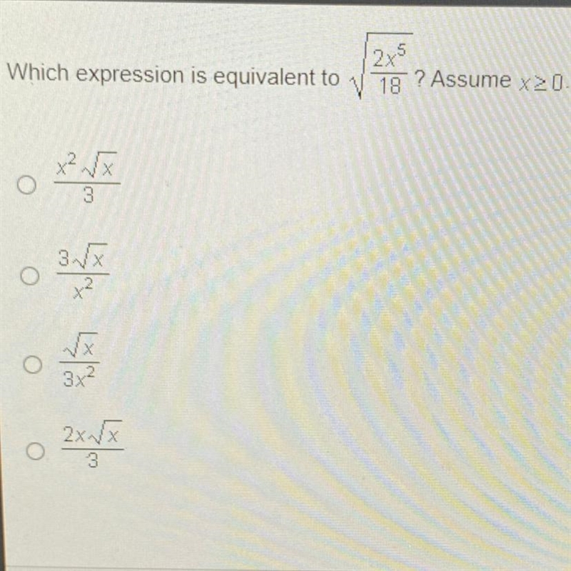 123 Which expression is equivalent to | 18 ? Assume x 20. o 3x O 3 0 2x 3-example-1