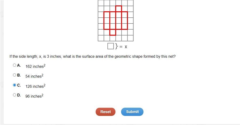 If the side length, x, is 3 inches, what is the surface area of the geometric shape-example-1