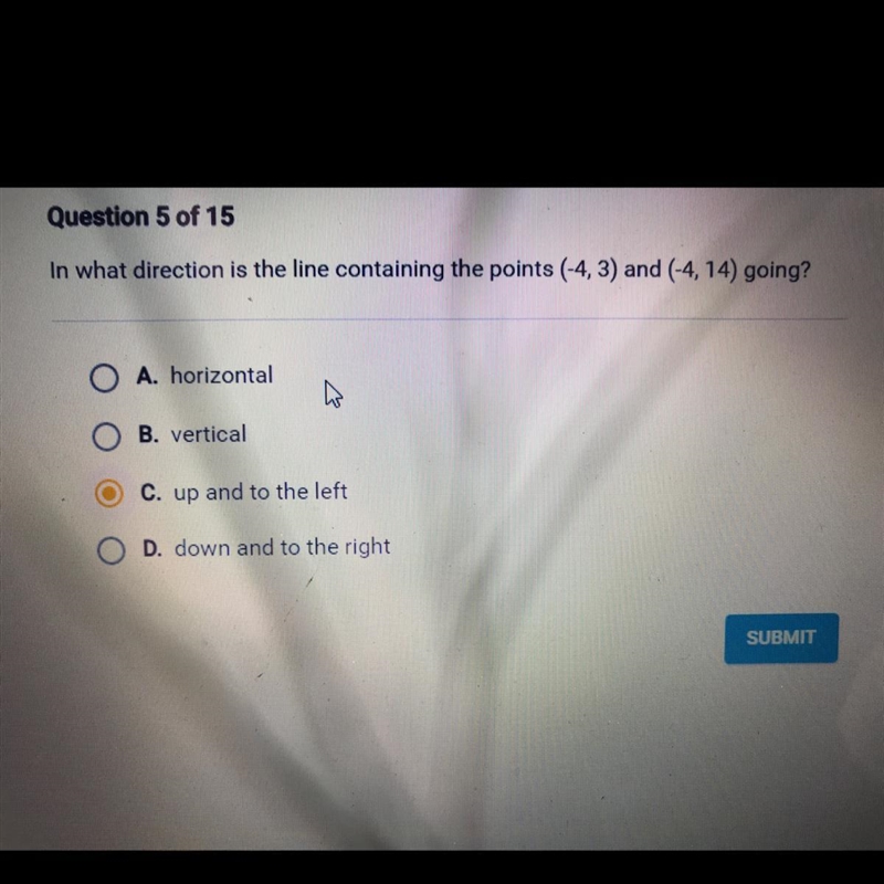 In what direction is the line containing the points (-4, 3) and (-4, 14) going? A-example-1