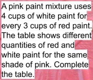 A pink paint mixture uses 4 cups of white paint for every 3 cups of red paint. The-example-1